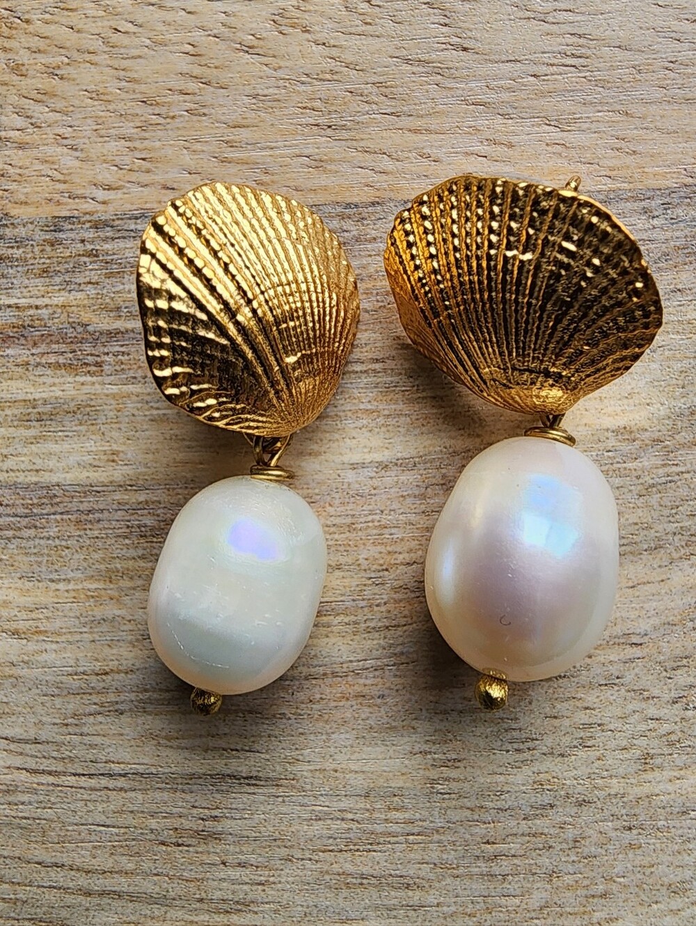 Gold Shell Drop Earrings with White Baroque Pearls